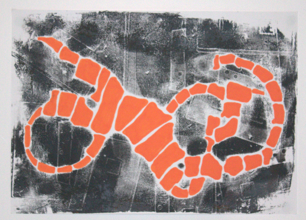 An abstract art print featuring a bold orange segmented organic shape over a textured black and white background.