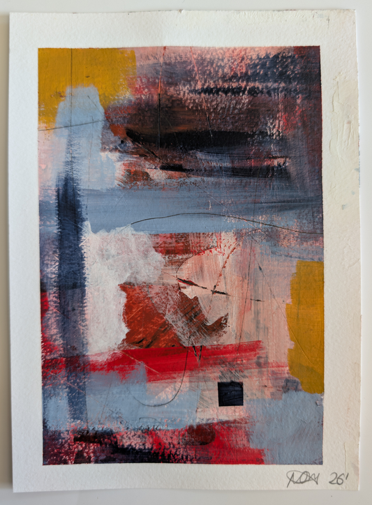 An abstract art print on textured white paper, featuring expressive brushstrokes in red, blue, gray, black, and ochre yellow, signed 'NJG 26' in the bottom right corner.