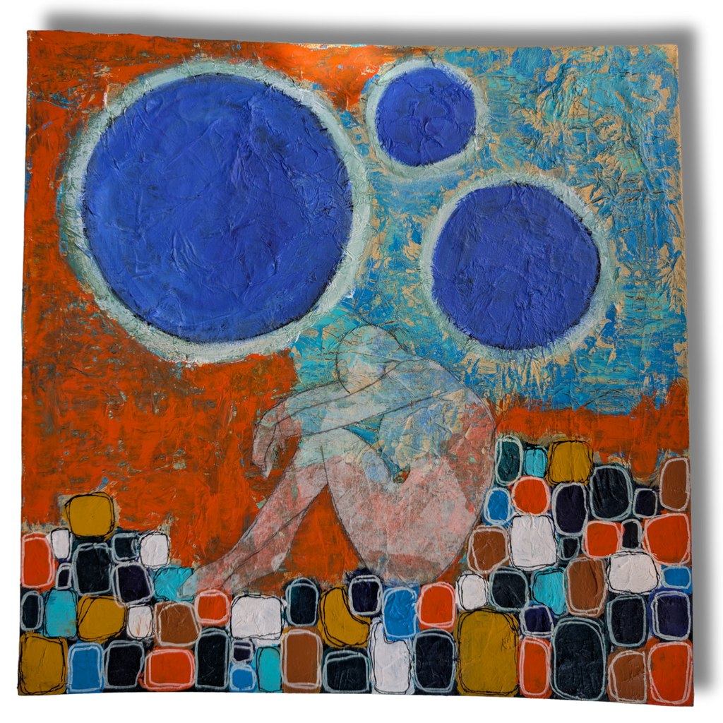 An expressive mixed-media painting featuring a seated figure in pale tones against a vivid orange and turquoise background, with large blue circular forms and a row of multicolored square blocks along the bottom.